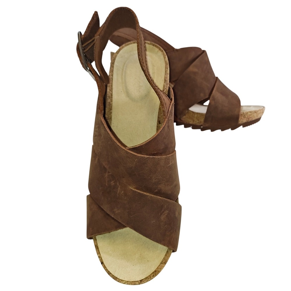 Clarks Brown Leather Cross Strap Wedge Sandals Cork Platform Slingback Serrated